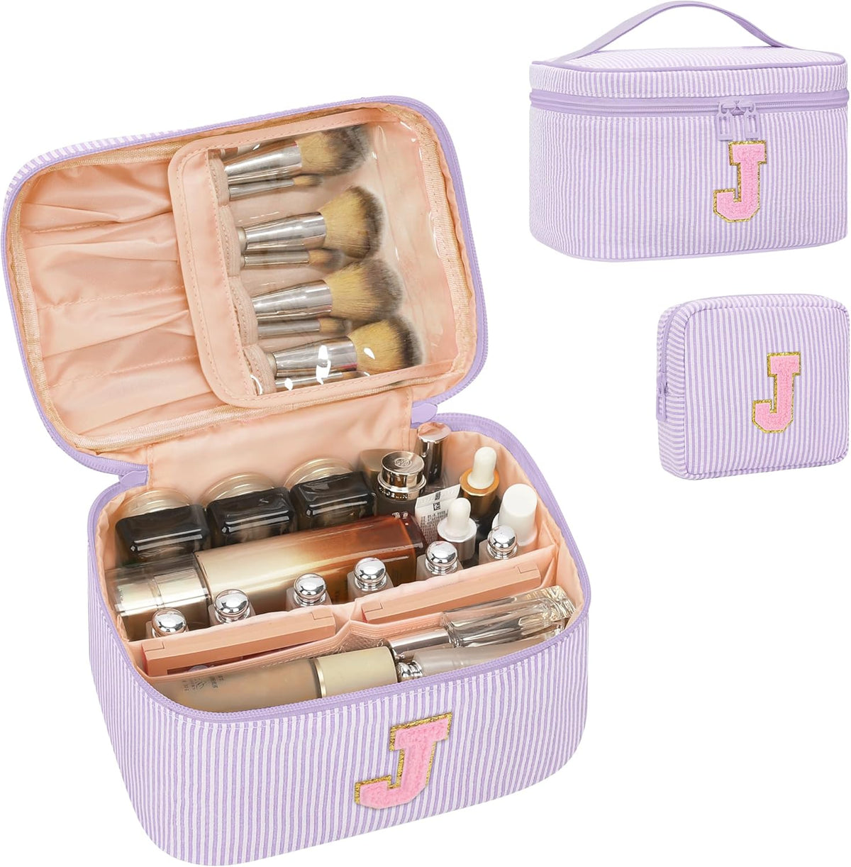 Personalized Initial Makeup Bag with Brush Holder and Divider for Women,Make Up Case for Girlfriend Bridesmaid Wife,Birthday Gift for Her Cute Toiletry Bag,2PCS,Purple L