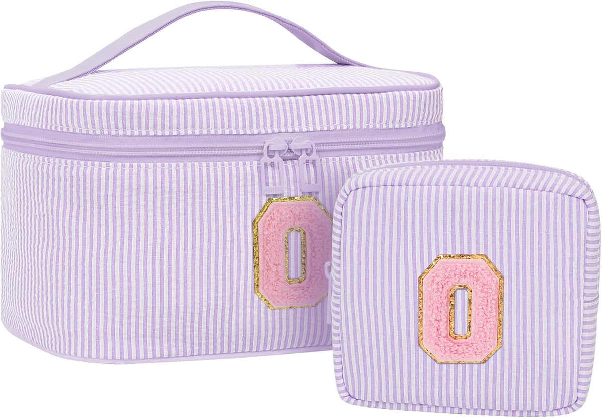 Personalized Initial Makeup Bag with Brush Holder and Divider for Women,Make Up Case for Girlfriend Bridesmaid Wife,Birthday Gift for Her Cute Toiletry Bag,2PCS,Purple L