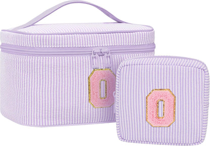 Personalized Initial Makeup Bag with Brush Holder and Divider for Women,Make Up Case for Girlfriend Bridesmaid Wife,Birthday Gift for Her Cute Toiletry Bag,2PCS,Purple L