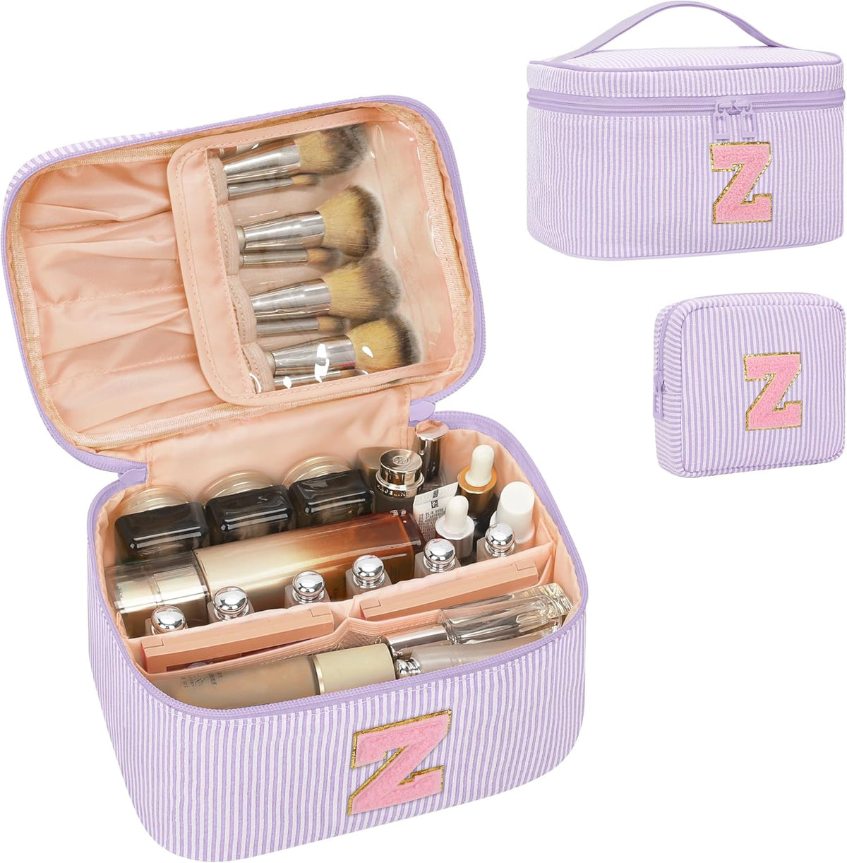 Personalized Initial Makeup Bag with Brush Holder and Divider for Women,Make Up Case for Girlfriend Bridesmaid Wife,Birthday Gift for Her Cute Toiletry Bag,2PCS,Purple L