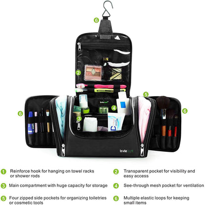Toiletry Bag/Makeup Organizer/Cosmetic Bag/Portable Travel Kit Organizer/Household Storage Pack/Bathroom Storage with Hanging for Business, Vacation, Household - Black