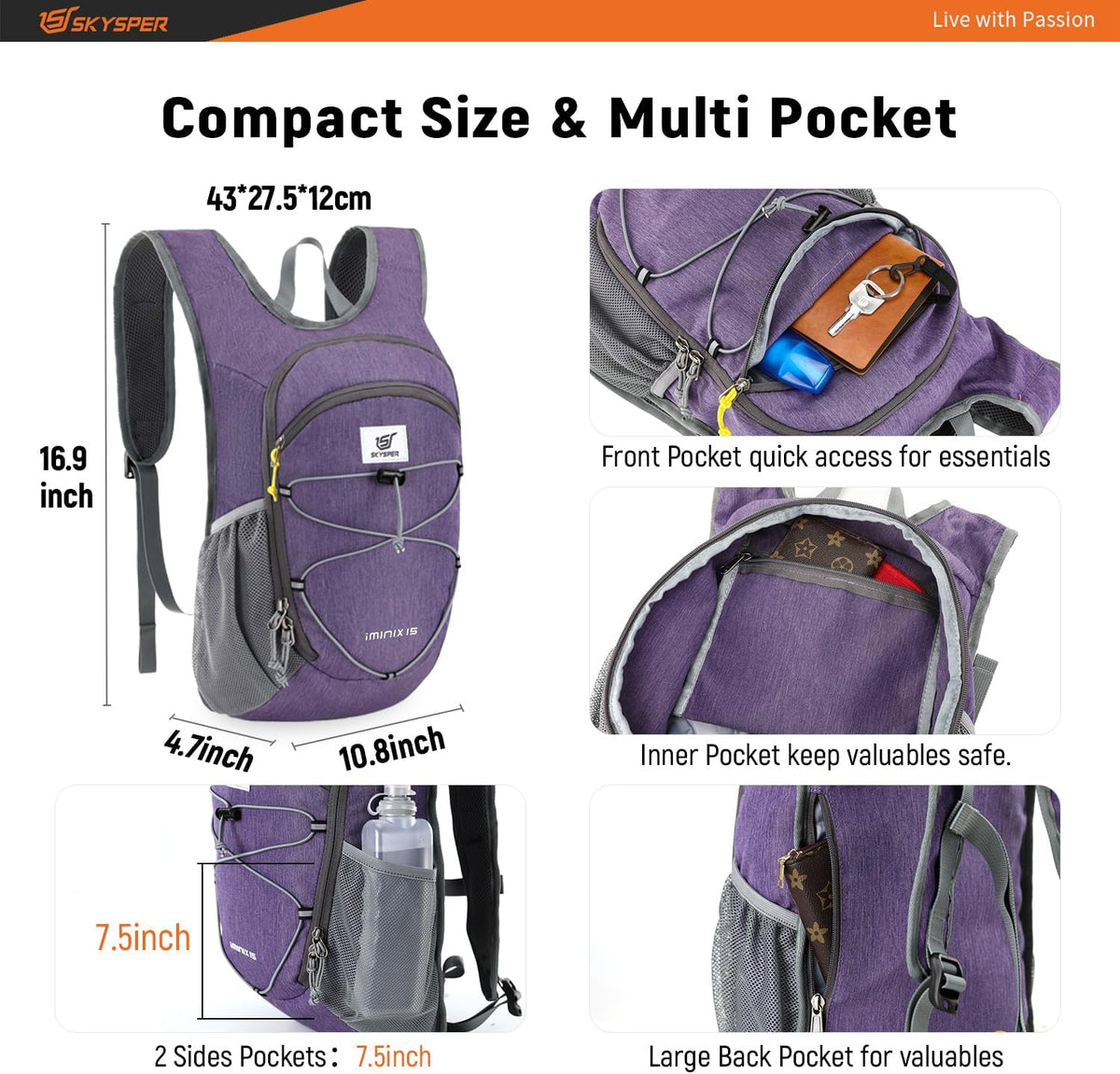 15L/20L Foldable Hiking Backpack Lightweight Packable Travel Daypack with Chest Strap Small Folding Pack for Walking
