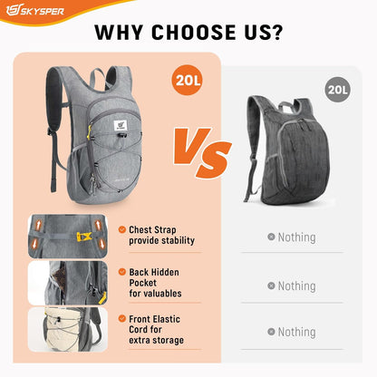 15L/20L Foldable Hiking Backpack Lightweight Packable Travel Daypack with Chest Strap Small Folding Pack for Walking