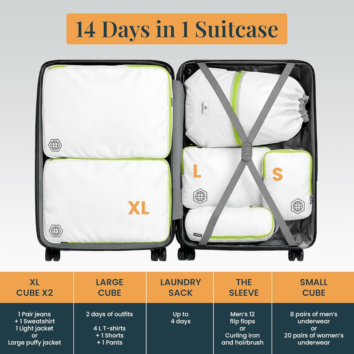 Extra Large Compression Packing Cube 6 Piece Set for Travel and Check Luggage