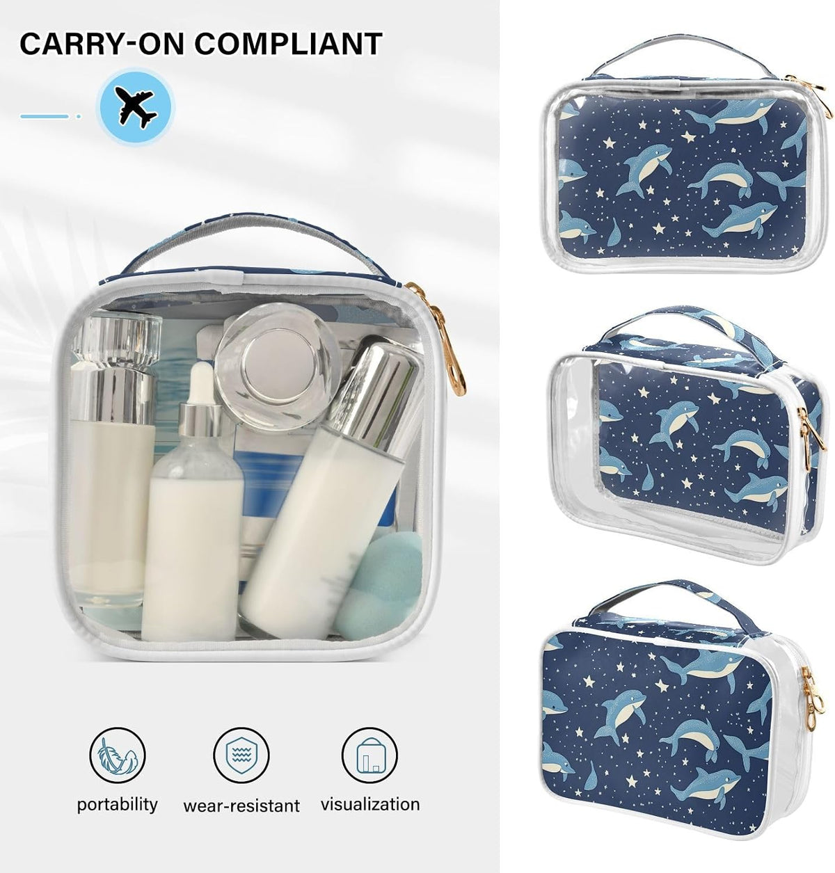 Clear Makeup Bag Approved Clear Travel Toiletry Bag with Zipper Waterproof Organizer Bags Transparent Cosmetic Pouch Traveling 2Pack Tile Color - Colors A