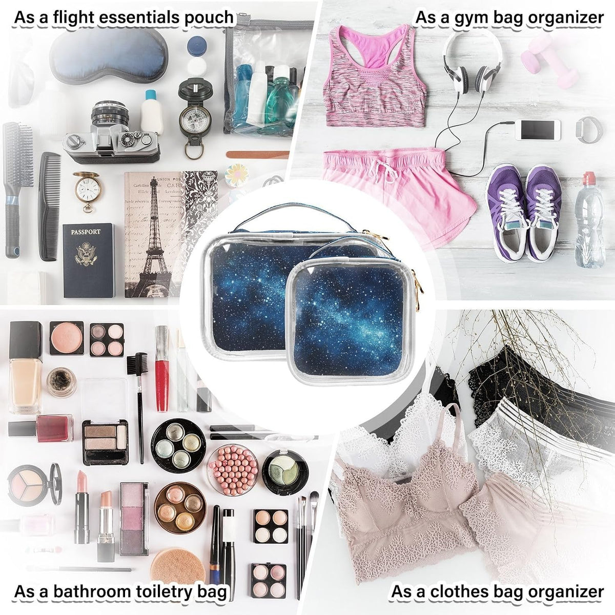 Clear Makeup Bag Approved Clear Travel Toiletry Bag with Zipper Waterproof Organizer Bags Transparent Cosmetic Pouch Traveling 2Pack Tile Color - Colors A