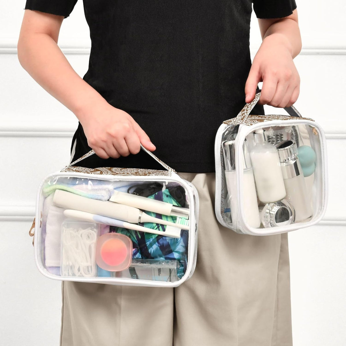Clear Makeup Bag Approved Clear Travel Toiletry Bag with Zipper Waterproof Organizer Bags Transparent Cosmetic Pouch Traveling 2Pack Tile Color - Colors A
