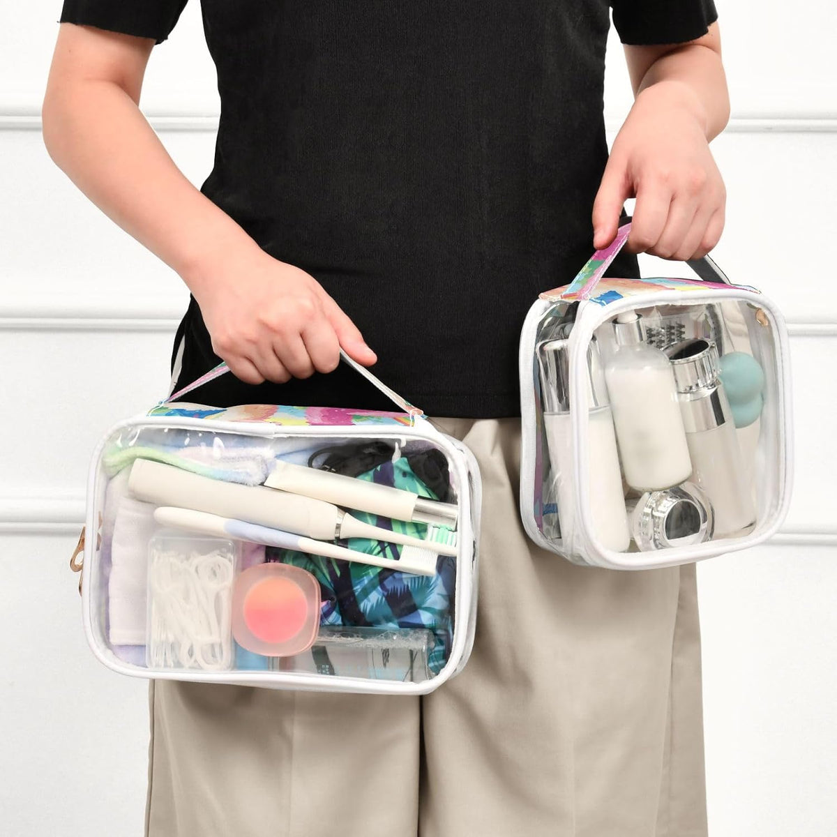 Clear Makeup Bag Approved Clear Travel Toiletry Bag with Zipper Waterproof Organizer Bags Transparent Cosmetic Pouch Traveling 2Pack Tile Color - Colors A