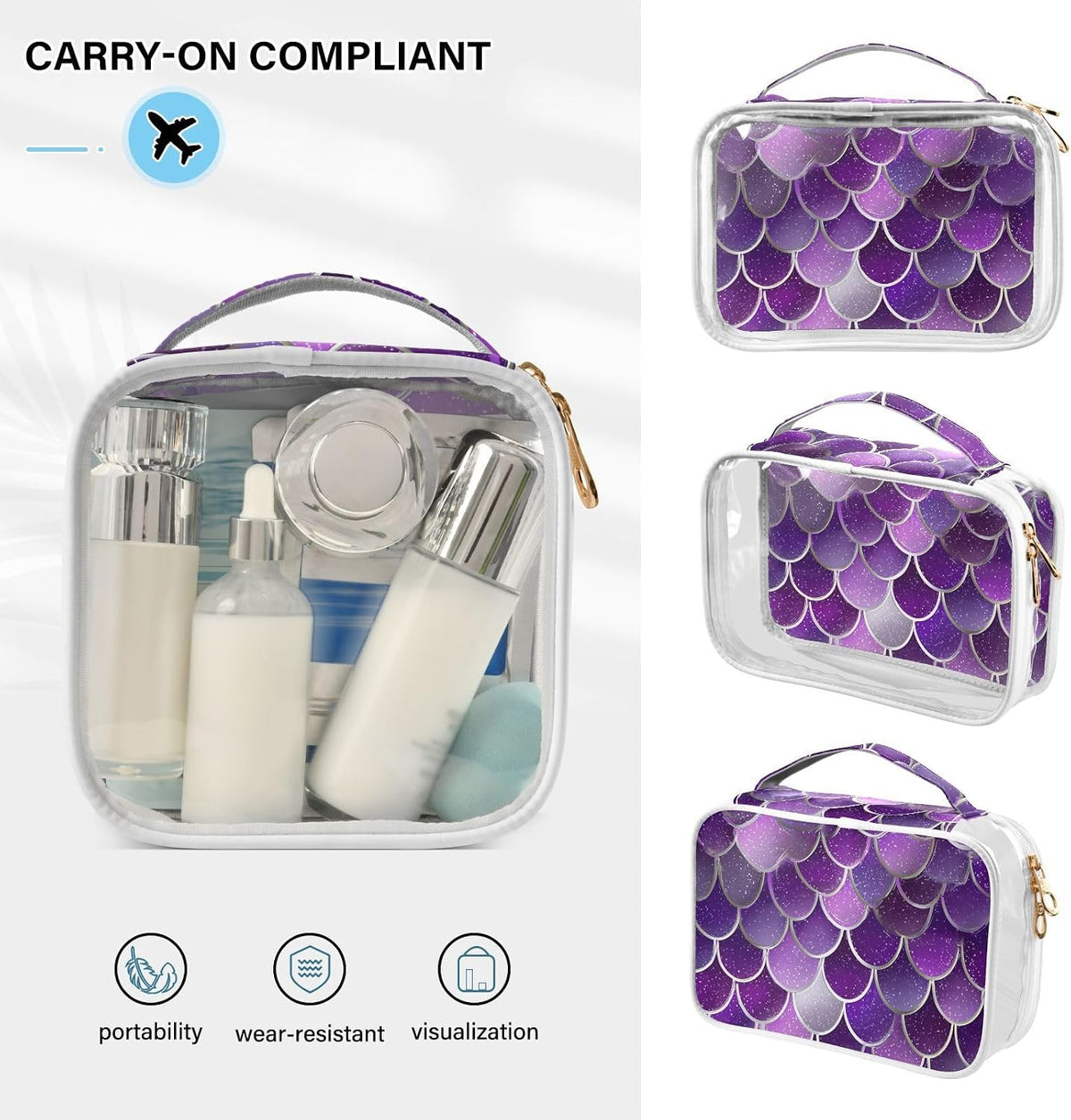 Clear Makeup Bag Approved Clear Travel Toiletry Bag with Zipper Waterproof Organizer Bags Transparent Cosmetic Pouch Traveling 2Pack Tile Color - Colors A