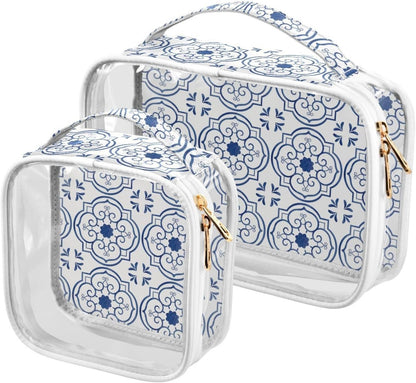 Clear Makeup Bag Approved Clear Travel Toiletry Bag with Zipper Waterproof Organizer Bags Transparent Cosmetic Pouch Traveling 2Pack Tile Color - Colors A