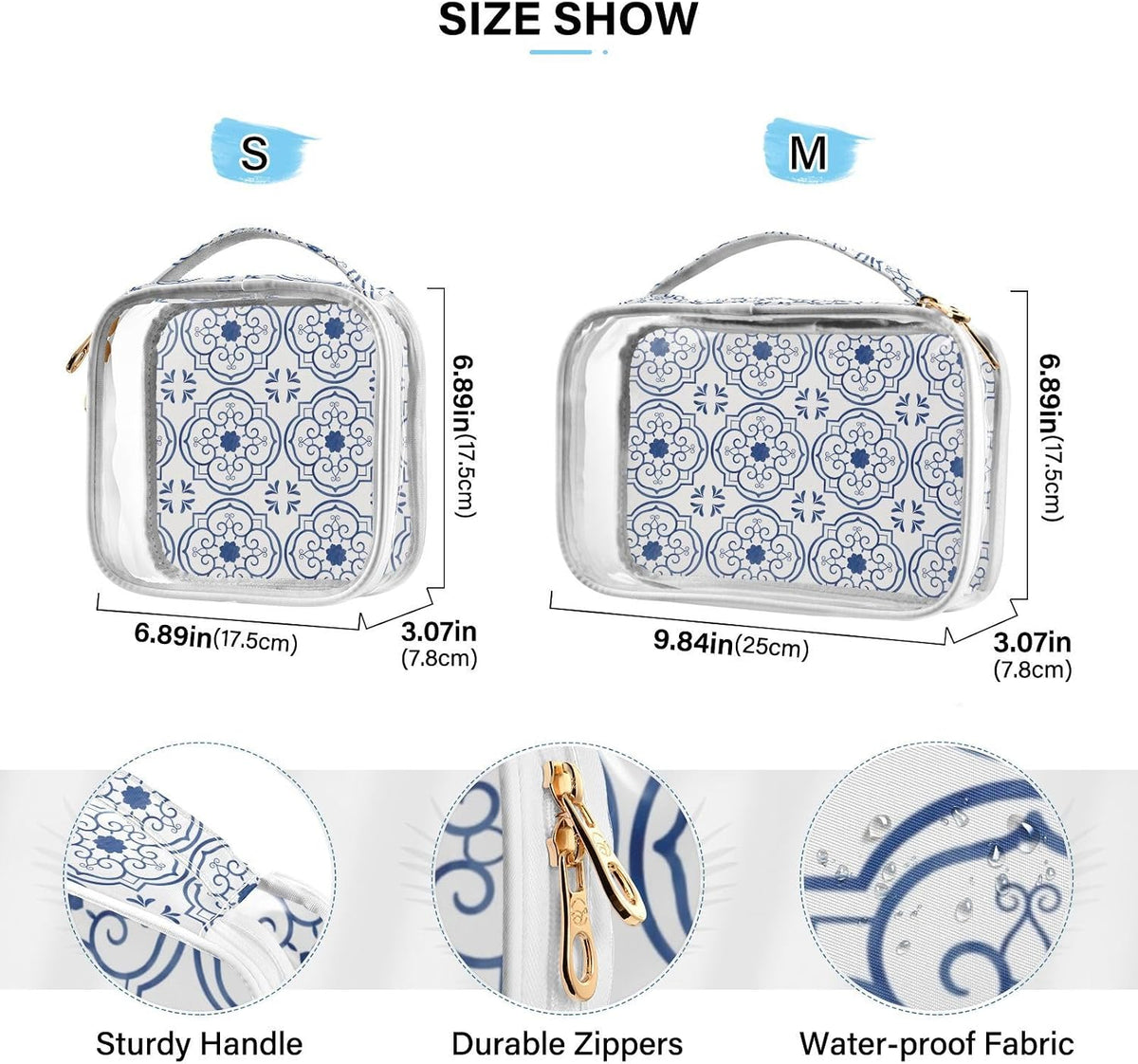 Clear Makeup Bag Approved Clear Travel Toiletry Bag with Zipper Waterproof Organizer Bags Transparent Cosmetic Pouch Traveling 2Pack Tile Color - Colors A