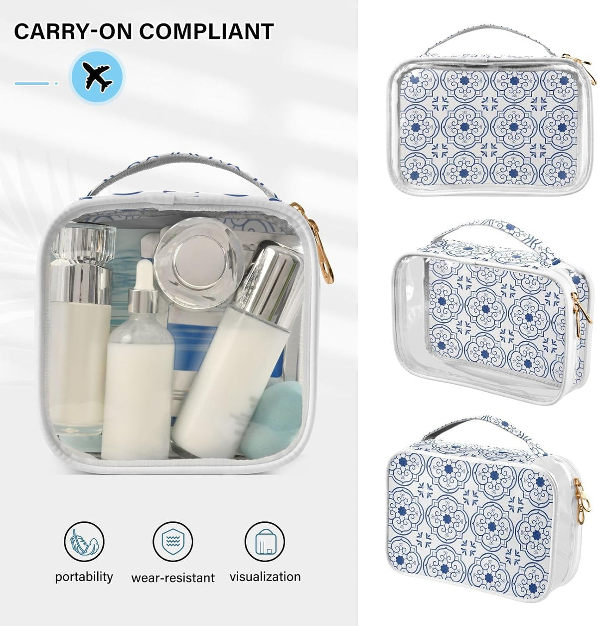 Clear Makeup Bag Approved Clear Travel Toiletry Bag with Zipper Waterproof Organizer Bags Transparent Cosmetic Pouch Traveling 2Pack Tile Color - Colors A