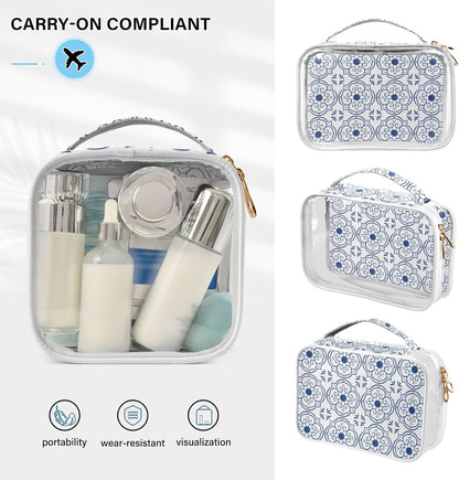 Clear Makeup Bag Approved Clear Travel Toiletry Bag with Zipper Waterproof Organizer Bags Transparent Cosmetic Pouch Traveling 2Pack Tile Color - Colors A