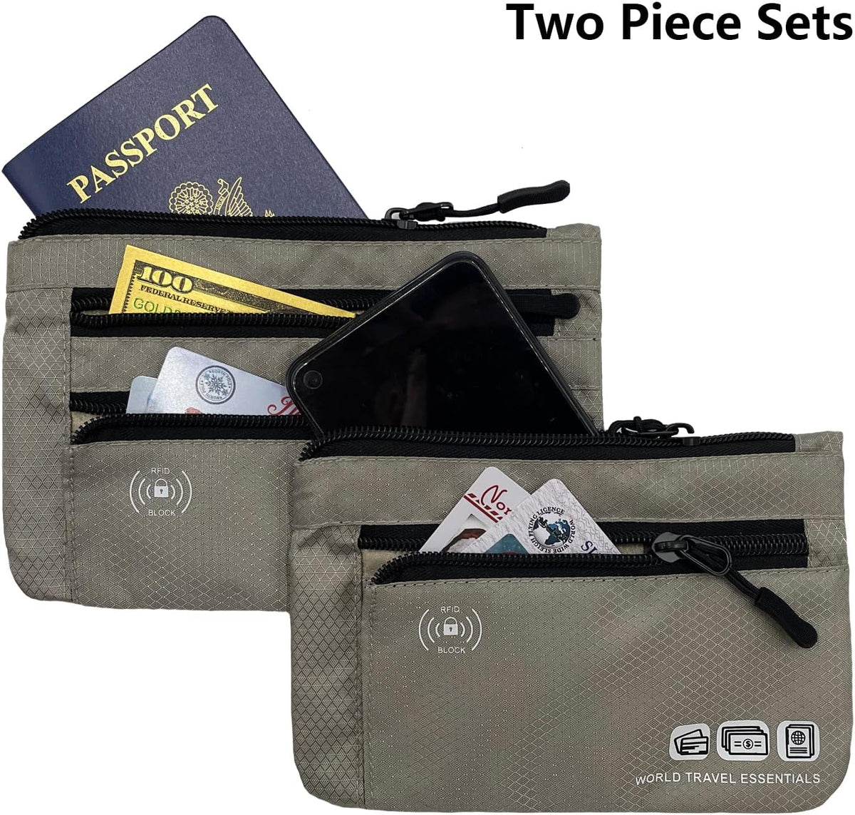 Passport Holder Family, RFID Blocking Passport Wallet, Travel Essentials Pouch, Passport Holders Bag for Men Women Traveling, Travel Document Organizer, Two-Piece Sets (Gray)