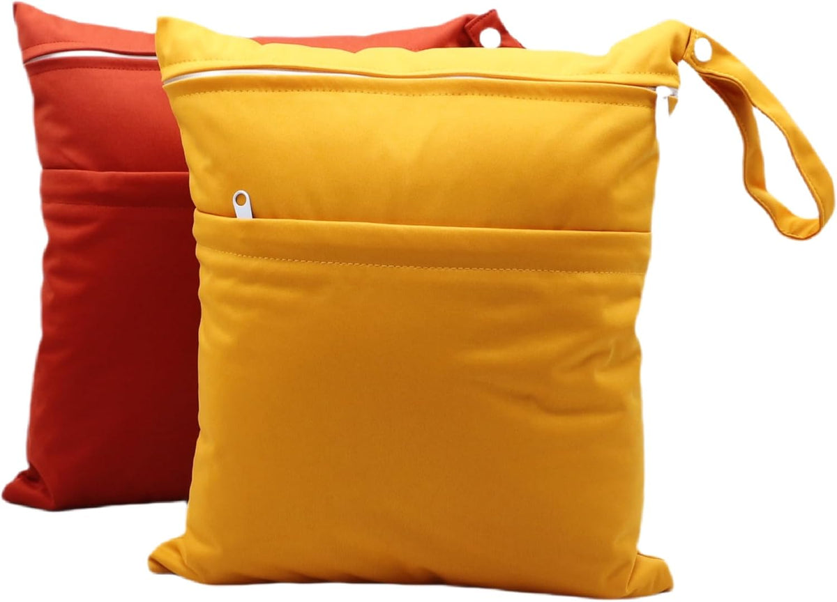 2pcs Cloth Diaper Wet Dry Bags Waterproof Reusable with Two Zippered Pockets Travel Beach Pool Daycare Soiled Baby Items Yoga Gym Bag for Swimsuits or Wet Clothes (3036-2-yellow+blue)