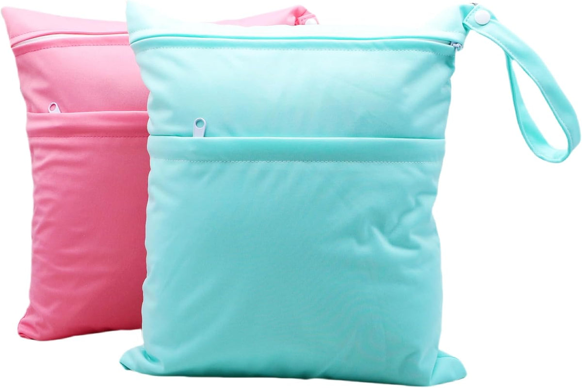 2pcs Cloth Diaper Wet Dry Bags Waterproof Reusable with Two Zippered Pockets Travel Beach Pool Daycare Soiled Baby Items Yoga Gym Bag for Swimsuits or Wet Clothes (3036-2-yellow+blue)