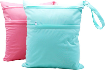 2pcs Cloth Diaper Wet Dry Bags Waterproof Reusable with Two Zippered Pockets Travel Beach Pool Daycare Soiled Baby Items Yoga Gym Bag for Swimsuits or Wet Clothes (3036-2-yellow+blue)
