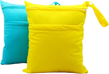 2pcs Cloth Diaper Wet Dry Bags Waterproof Reusable with Two Zippered Pockets Travel Beach Pool Daycare Soiled Baby Items Yoga Gym Bag for Swimsuits or Wet Clothes (3036-2-yellow+blue)