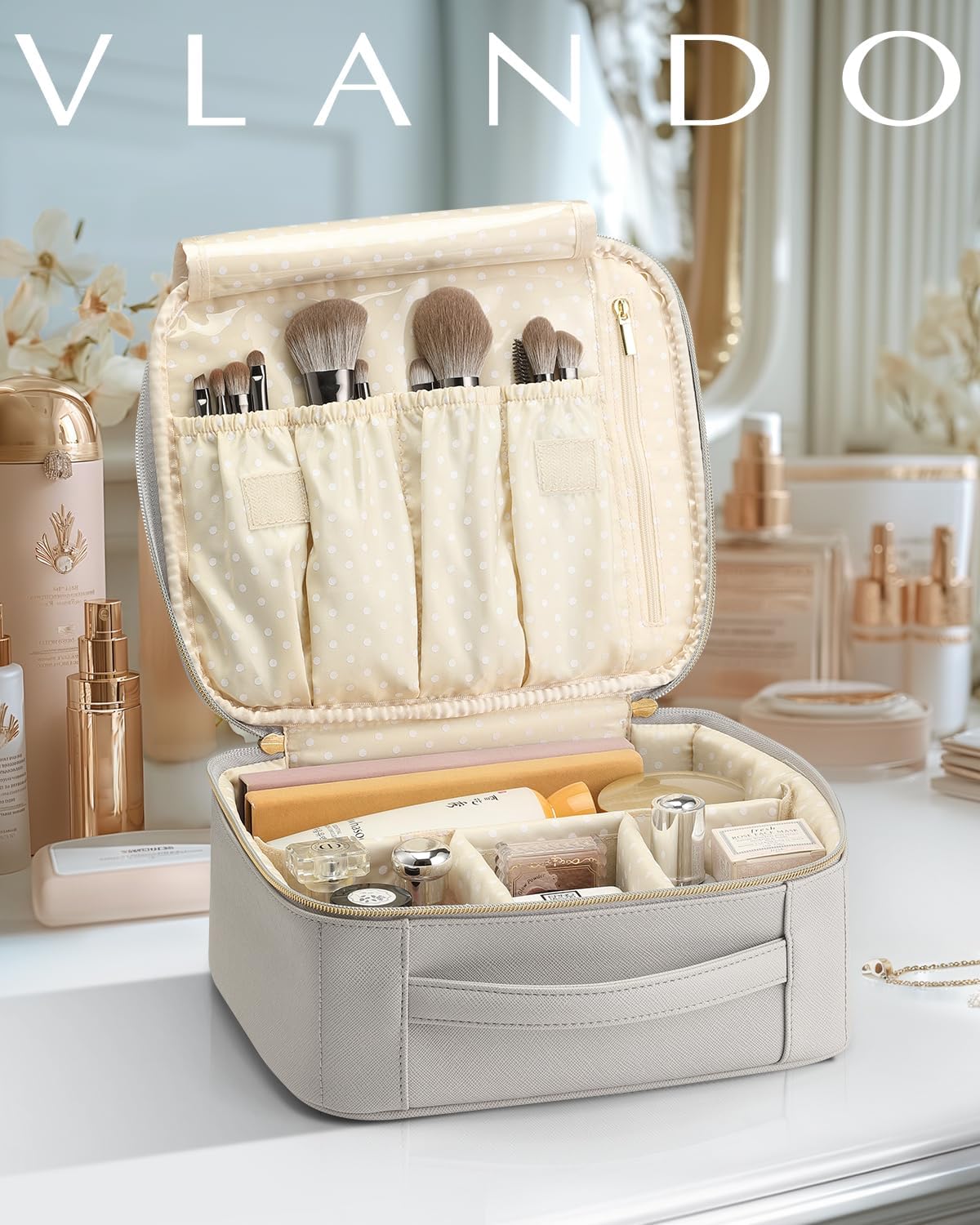 Travel Makeup Cosmetic Case Organizer Portable Storage Bag with Adjustable Dividers for Cosmetics Makeup brushes, girls, women, friends.（gray）