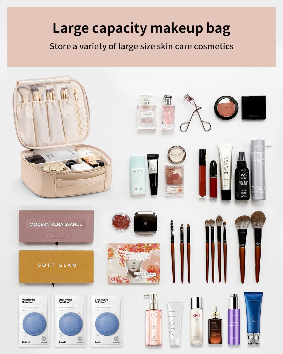 Travel Makeup Cosmetic Case Organizer Portable Storage Bag with Adjustable Dividers for Cosmetics Makeup brushes, girls, women, friends.（gray）