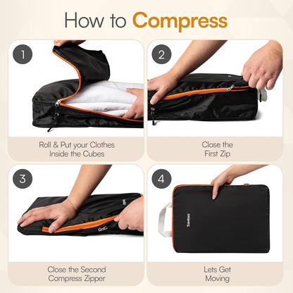 6 Set Large Compression Packing Cubes for travel. Durable, Expandable and Lightweight Packing Cubes for Travel Compression with Laundry bag, Black