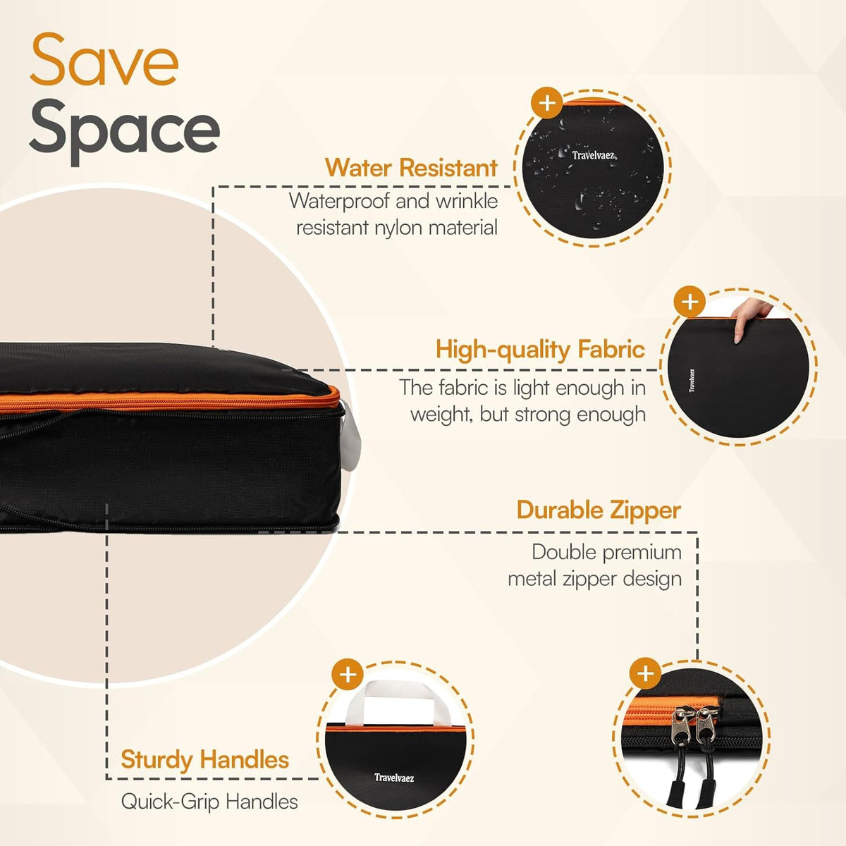 6 Set Large Compression Packing Cubes for travel. Durable, Expandable and Lightweight Packing Cubes for Travel Compression with Laundry bag, Black