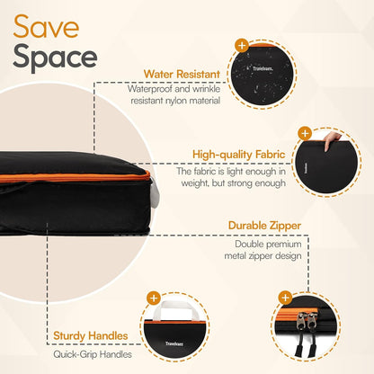 6 Set Large Compression Packing Cubes for travel. Durable, Expandable and Lightweight Packing Cubes for Travel Compression with Laundry bag, Black