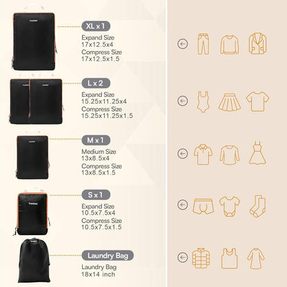 6 Set Large Compression Packing Cubes for travel. Durable, Expandable and Lightweight Packing Cubes for Travel Compression with Laundry bag, Black