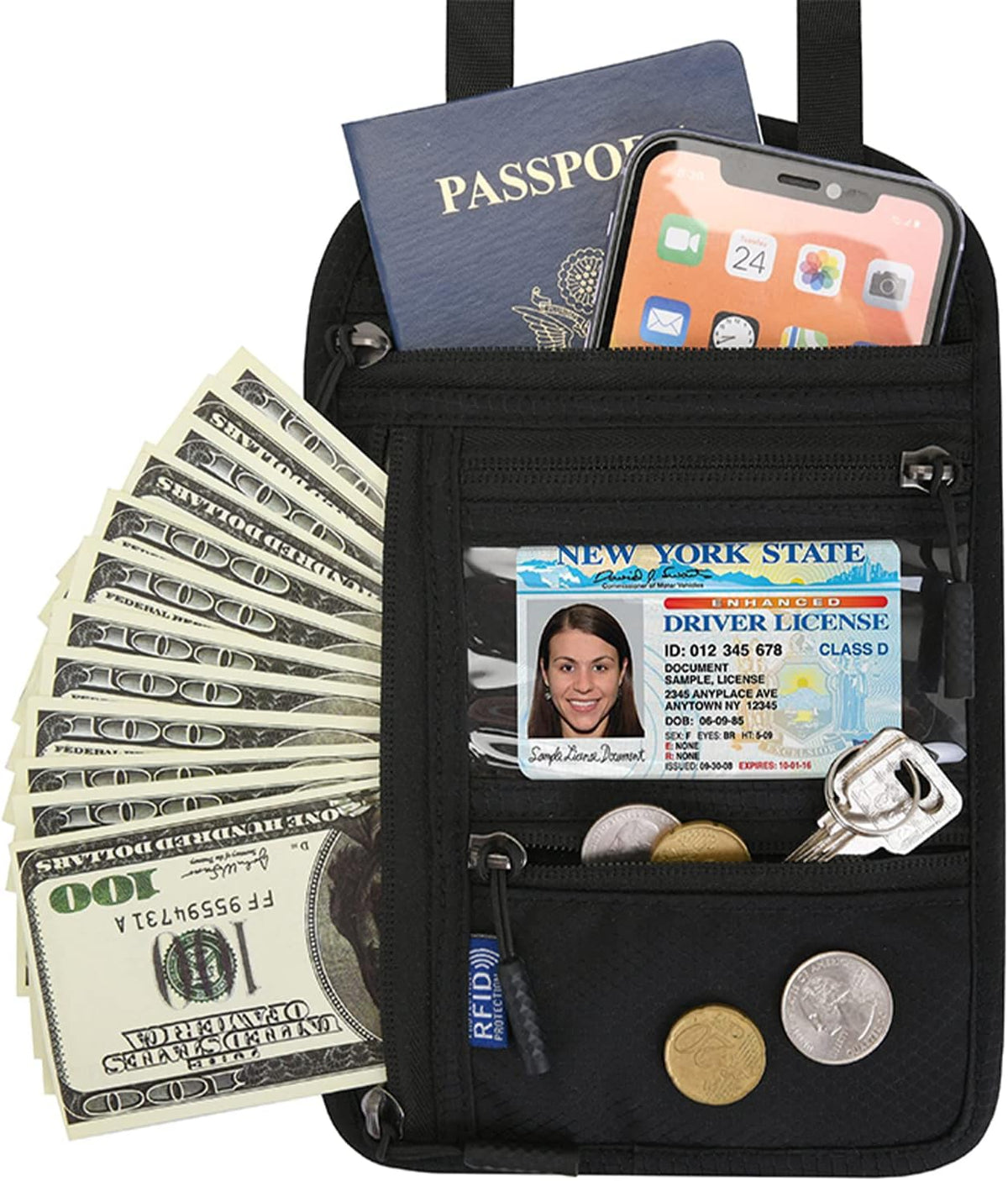 RFID Blocking Neck Wallet Travel Passport Holder Neck Pouch Vaccination Card Holder for Women & Men, Black