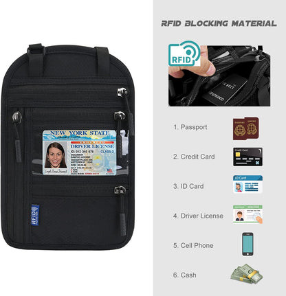 RFID Blocking Neck Wallet Travel Passport Holder Neck Pouch Vaccination Card Holder for Women & Men, Black