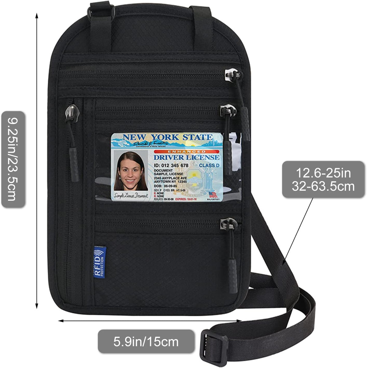 RFID Blocking Neck Wallet Travel Passport Holder Neck Pouch Vaccination Card Holder for Women & Men, Black
