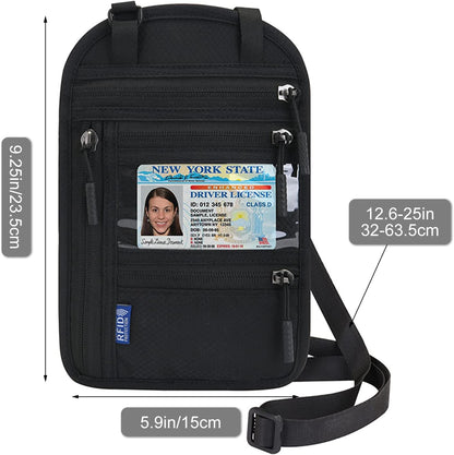 RFID Blocking Neck Wallet Travel Passport Holder Neck Pouch Vaccination Card Holder for Women & Men, Black