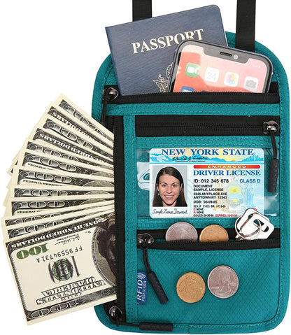 RFID Blocking Neck Wallet Travel Passport Holder Neck Pouch Vaccination Card Holder for Women & Men, Black