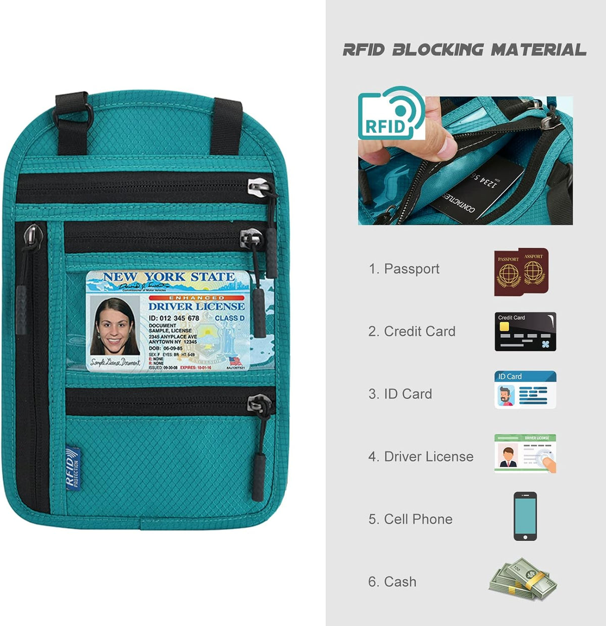 RFID Blocking Neck Wallet Travel Passport Holder Neck Pouch Vaccination Card Holder for Women & Men, Black