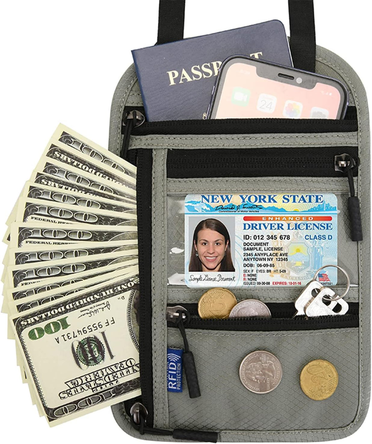 RFID Blocking Neck Wallet Travel Passport Holder Neck Pouch Vaccination Card Holder for Women & Men, Black
