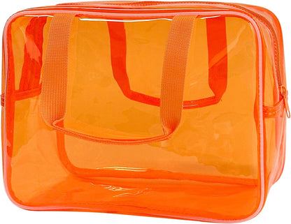 PVC Clear Pure Color Transparent Large Zipper Cosmetic Pouch Travel Makeup Cosmetic Bag with Handle for Travel Bathroom Toiletry Organizer (Clear+Black Handle)