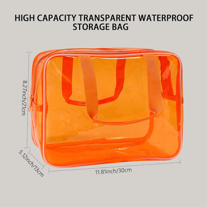 PVC Clear Pure Color Transparent Large Zipper Cosmetic Pouch Travel Makeup Cosmetic Bag with Handle for Travel Bathroom Toiletry Organizer (Clear+Black Handle)