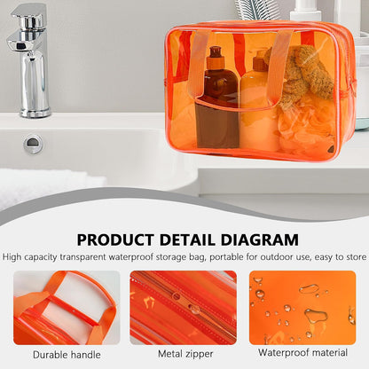 PVC Clear Pure Color Transparent Large Zipper Cosmetic Pouch Travel Makeup Cosmetic Bag with Handle for Travel Bathroom Toiletry Organizer (Clear+Black Handle)