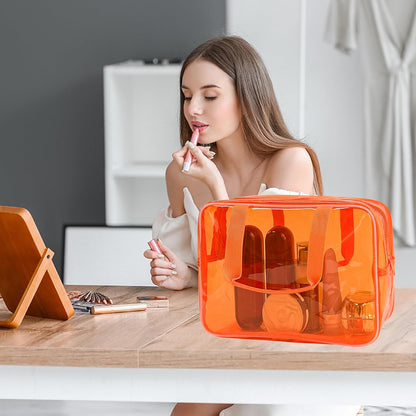 PVC Clear Pure Color Transparent Large Zipper Cosmetic Pouch Travel Makeup Cosmetic Bag with Handle for Travel Bathroom Toiletry Organizer (Clear+Black Handle)