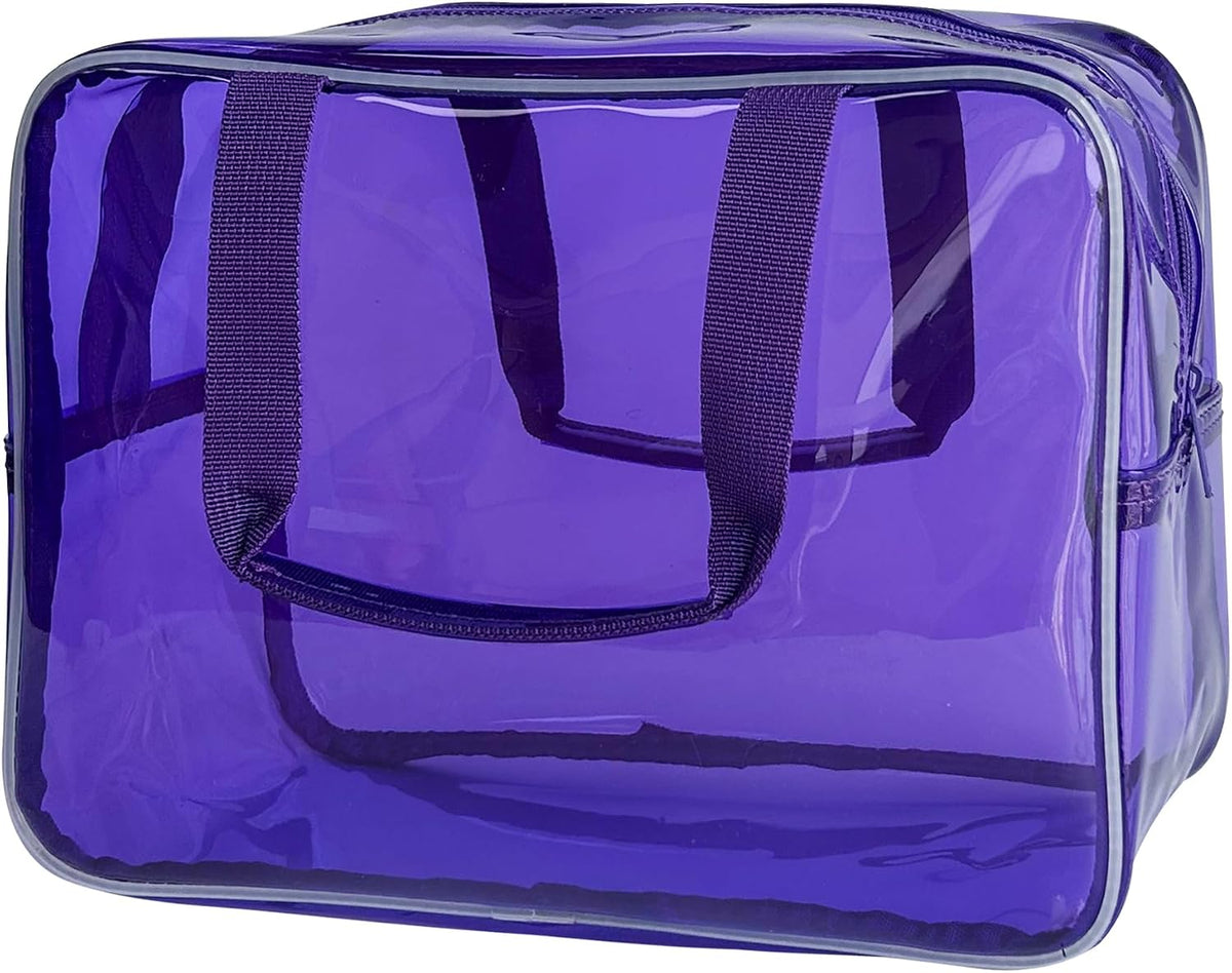 PVC Clear Pure Color Transparent Large Zipper Cosmetic Pouch Travel Makeup Cosmetic Bag with Handle for Travel Bathroom Toiletry Organizer (Clear+Black Handle)