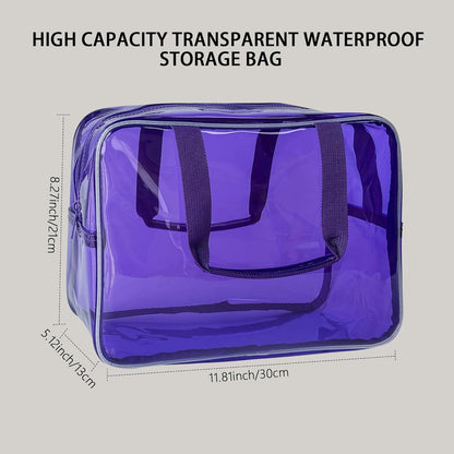 PVC Clear Pure Color Transparent Large Zipper Cosmetic Pouch Travel Makeup Cosmetic Bag with Handle for Travel Bathroom Toiletry Organizer (Clear+Black Handle)