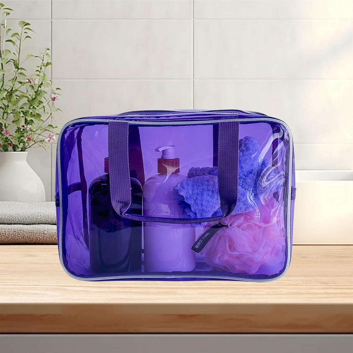 PVC Clear Pure Color Transparent Large Zipper Cosmetic Pouch Travel Makeup Cosmetic Bag with Handle for Travel Bathroom Toiletry Organizer (Clear+Black Handle)