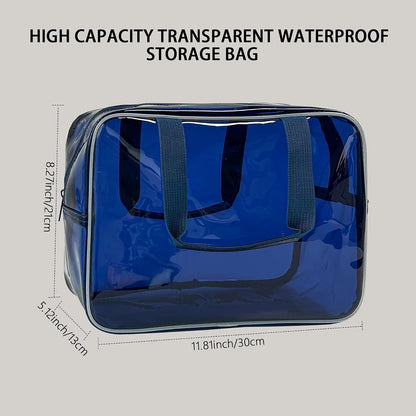 PVC Clear Pure Color Transparent Large Zipper Cosmetic Pouch Travel Makeup Cosmetic Bag with Handle for Travel Bathroom Toiletry Organizer (Clear+Black Handle)