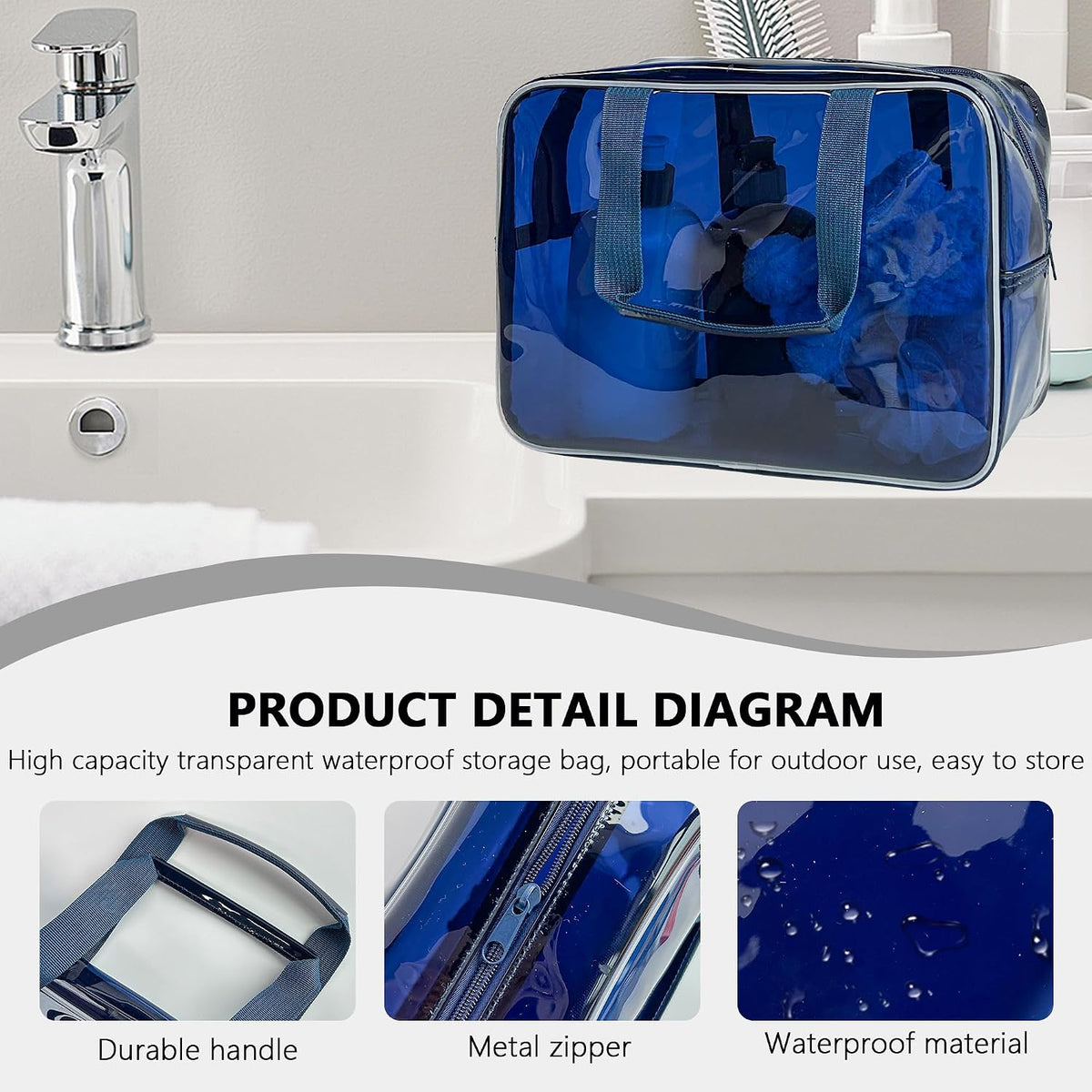 PVC Clear Pure Color Transparent Large Zipper Cosmetic Pouch Travel Makeup Cosmetic Bag with Handle for Travel Bathroom Toiletry Organizer (Clear+Black Handle)