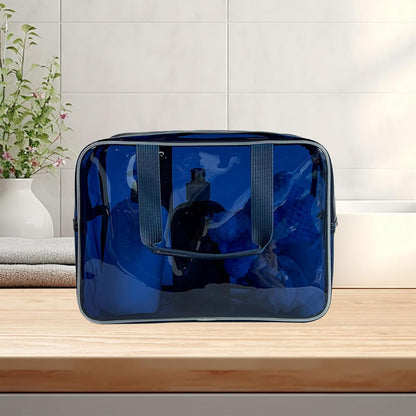 PVC Clear Pure Color Transparent Large Zipper Cosmetic Pouch Travel Makeup Cosmetic Bag with Handle for Travel Bathroom Toiletry Organizer (Clear+Black Handle)