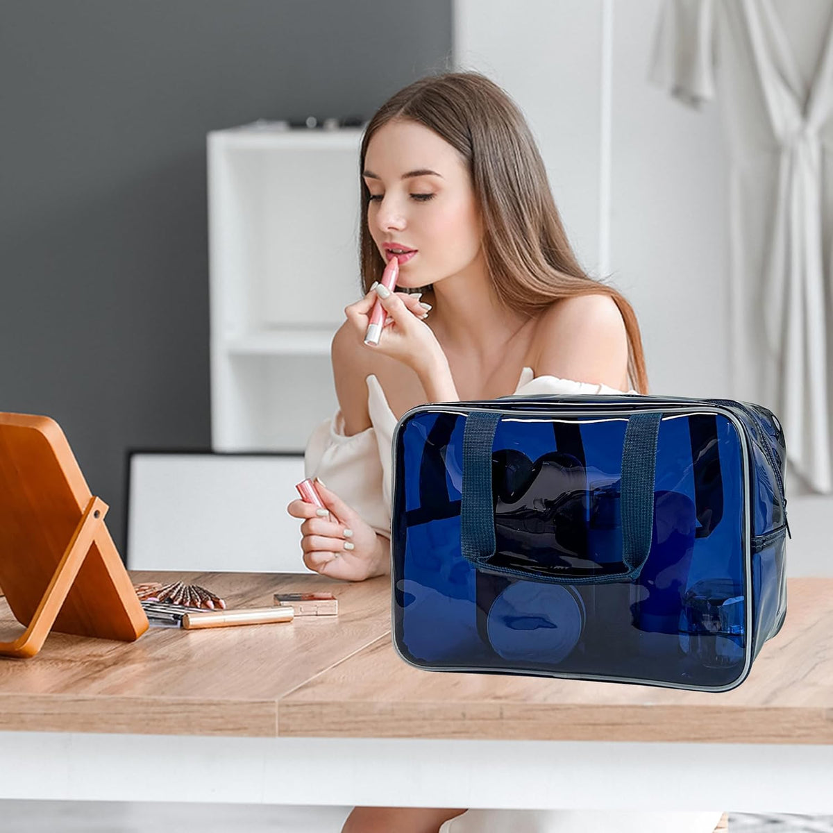 PVC Clear Pure Color Transparent Large Zipper Cosmetic Pouch Travel Makeup Cosmetic Bag with Handle for Travel Bathroom Toiletry Organizer (Clear+Black Handle)
