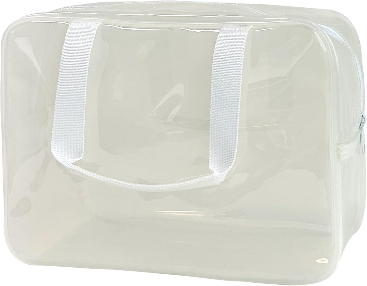 PVC Clear Pure Color Transparent Large Zipper Cosmetic Pouch Travel Makeup Cosmetic Bag with Handle for Travel Bathroom Toiletry Organizer (Clear+Black Handle)