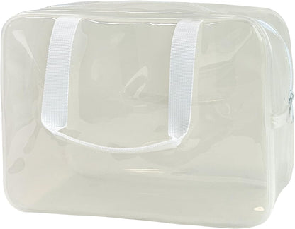 PVC Clear Pure Color Transparent Large Zipper Cosmetic Pouch Travel Makeup Cosmetic Bag with Handle for Travel Bathroom Toiletry Organizer (Clear+Black Handle)