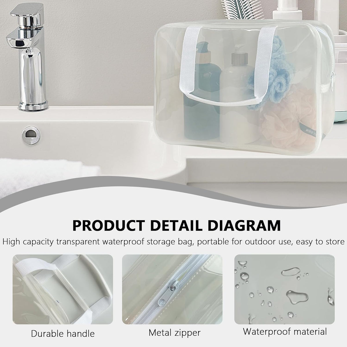 PVC Clear Pure Color Transparent Large Zipper Cosmetic Pouch Travel Makeup Cosmetic Bag with Handle for Travel Bathroom Toiletry Organizer (Clear+Black Handle)