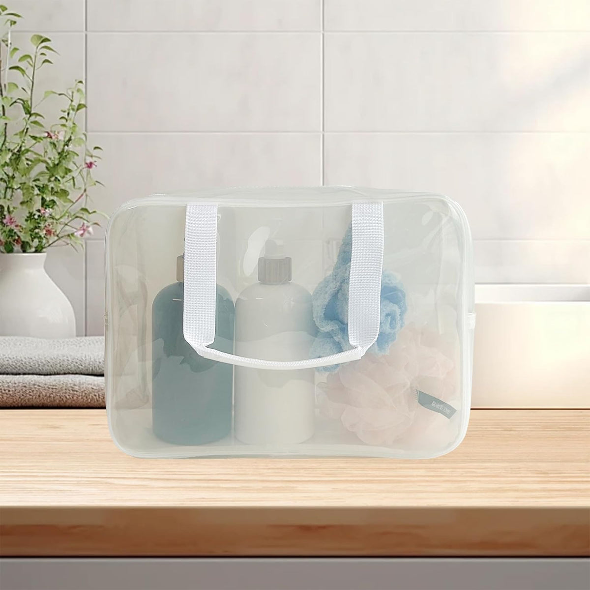 PVC Clear Pure Color Transparent Large Zipper Cosmetic Pouch Travel Makeup Cosmetic Bag with Handle for Travel Bathroom Toiletry Organizer (Clear+Black Handle)